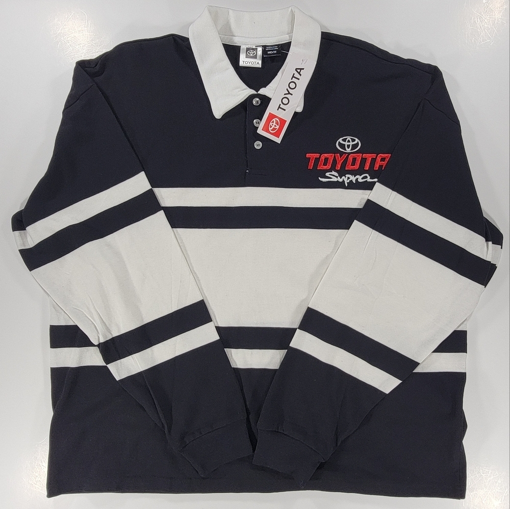 Toyota Supra Rugby Striped Polo Shirt Men's Medium Black White Long Sleeve NWT